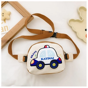 Detail of cartoon car chest bag for kids featuring brave police car print and canvas texture