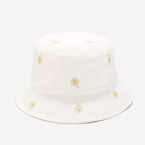 White bucket hat with daisy embroidery, reversible sun protection fisherman cap for outdoors