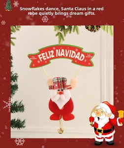 Detail view of Santa Claus plush ornament with golden bell and Feliz Navidad sign
