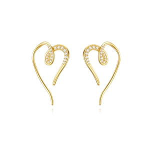 Elegant gold S925 sterling silver heart-shaped curve earrings with white crystal stones