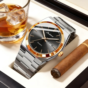 Luxury business watch with silver steel strap and double calendar display in box
