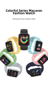 Macro display of square smartwatches in diverse macaron colors and silicone straps