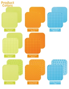 Detail of silicone pet licking mat textures and suction cup back in various colors