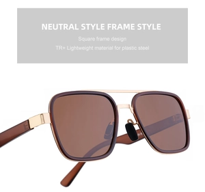 Close-up of polarized brown lenses and golden metal square frame with TR material detail