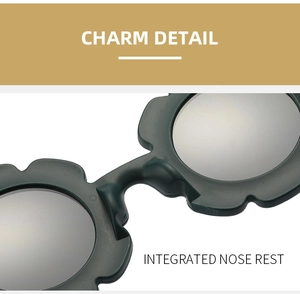 Detail of integrated nose rest on dark green sunflower shaped sunglasses for kids