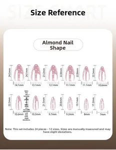 Tableau des tailles détaillé pour faux ongles amande à pois blancs sur base rose