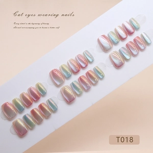 Short T-shaped candy color cat-eye press-on nails with rainbow gradient effect