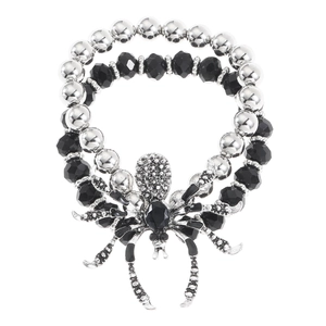 Gothic silver spider jewelry set featuring black faceted stones and beaded bracelet layers