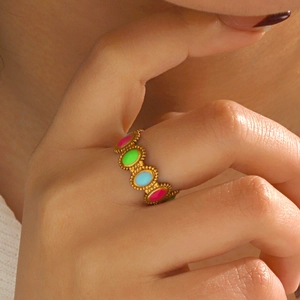 Minimalist gold stainless steel oval enamel ring for women with colorful drip oil finish