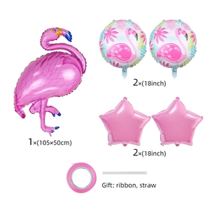 Pink flamingo and star foil balloon set with dimensions and gift ribbon and straw