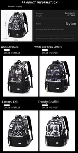 Detailed size chart and four graffiti print variations for large nylon backpack