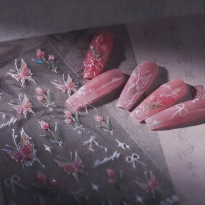 3D Relief Nail Art Stickers Pink Butterfly Tulip Flower Bowknot Laser Holographic Adhesive Manicure Decals Decoration