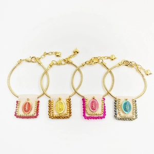 Religious Mother Mary charm bracelets with colorful fabric and gold snake chains