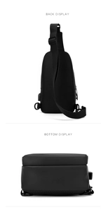 Detail view of the breathable mesh back and smooth synthetic leather bottom of the chest bag