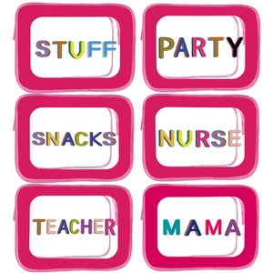 Set of 6 clear PVC makeup bags with pink trim and colorful chenille letter patches