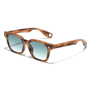 Square tortoiseshell sunglasses with blue-green gradient lenses and silver metal accents