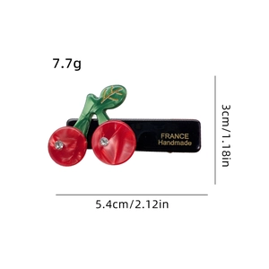 Handmade cherry fruit hair clip with green leaves and rhinestones, 5.4cm size