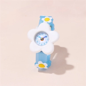 Cute kids watch with blue floral strap and white daisy flower-shaped case on pink background