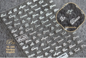 Macro detail showing 3D embossed texture of white English letter nail art stickers