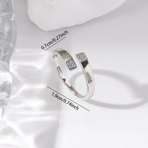 Detail showing adjustable ring diameter 1.9cm and 0.7cm zircon width dimensions