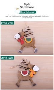 Detail of wooden reindeer ornaments with snowy antlers and colorful polka dot scarves