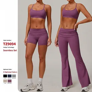 Ensemble de Yoga Haut Et Bas Sans Couture pour Femme Leggings Évasés Taille Haute Et Soutien-Gorge de Sport Gym Activewear