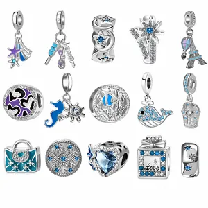 Copper Charm Bead Ocean Travel Theme Blue White Zircon Enamel DIY Jewelry Accessory For Bracelet Necklace