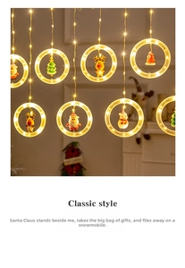 Detail of Christmas ring lights with Santa and Reindeer figurines in warm LED glow