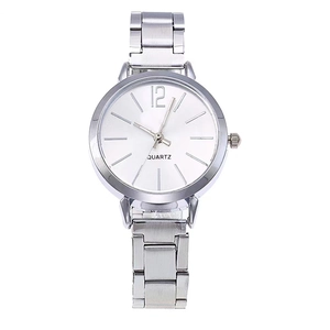 Minimalist women's silver quartz watch with round white dial and metal link bracelet