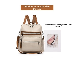 Size comparison showing a cream PU leather backpack fitting an A4 magazine inside