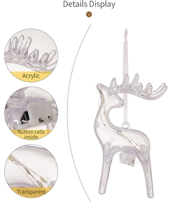 Detailed views of transparent acrylic Christmas reindeer ornament with built-in LED battery