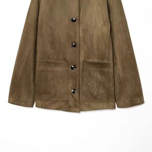 Women's dark brown faux suede jacket featuring large pockets and black round buttons