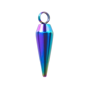 Macro detail of rainbow stainless steel conical pendant with vacuum 18k plating