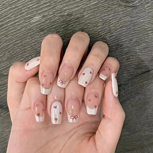 Sweet French Style Press On Nails With Heart And Bowknot Pattern Glossy Nude Pink Short Fake Nails For Women Daily Manicure