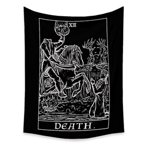 Bohemian Tarot Death tapestry featuring a Headless Horseman with a pumpkin lantern