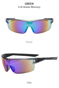 Detail view of sports sunglasses with green mercury coating and wrap-around lens