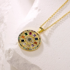Luxurious 18K gold plated evil eye pendant necklace with colorful zircons on white stone