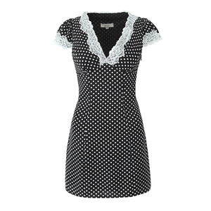 Robe Courte À Pois Dentelle Patchwork Col En V Manches Courtes Vintage Coupe Ajustée Élégante Été Femme