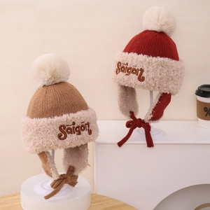 Gorro de punto térmico de invierno con orejeras y pompones para niños y adultos