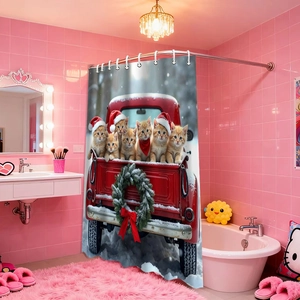 Waterproof Christmas shower curtain featuring festive cats in a red vintage truck