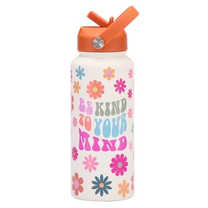 Detail of insulated water bottle with handle, straw, and 'BE KIND TO YOUR MIND' floral print