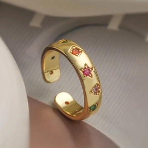 Minimalist 18K gold plated geometric open ring with colorful zircon gemstones