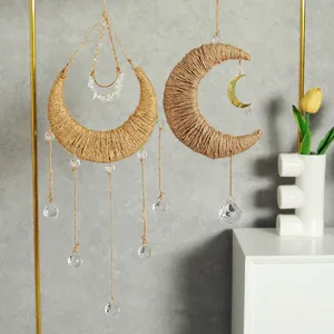 Bohemian moon wall hanging set with jute rope weaving and crystal ball pendants