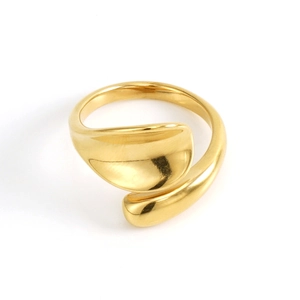 Top view of a gold 18k plated open ring with sleek organic fluid shape design