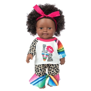 Detail of 12-inch African baby doll with curly hair wearing a pink bow and LOVE outfit