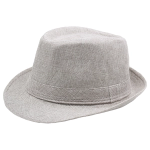 Close-up of light grey linen trilby hat with rolled brim and textured woven fabric