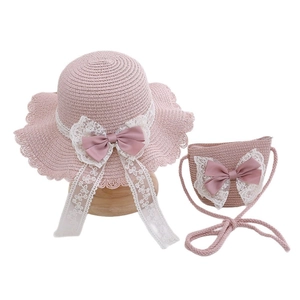 Pink straw sun hat and matching bag set with lace ribbon and bow for girls