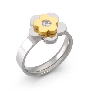 Minimalist double layer silver and gold steel flower ring with central sparkling zircon