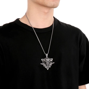 Punk style stainless steel skull pendant with cowboy hat and revolvers on model