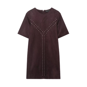 Damen Mini Kleid Aus Wildlederimitat Kurzarm Rundhals Nietendekor Reißverschluss Hinten Einfarbig Lässig Mode
